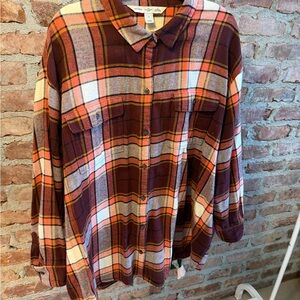 Old Navy Burgundy and Orange Plaid Boyfriend Button Down Flannel Shirt